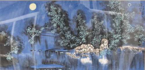 Fishing Village and Bamboo In Moonlight - Wang Weibao