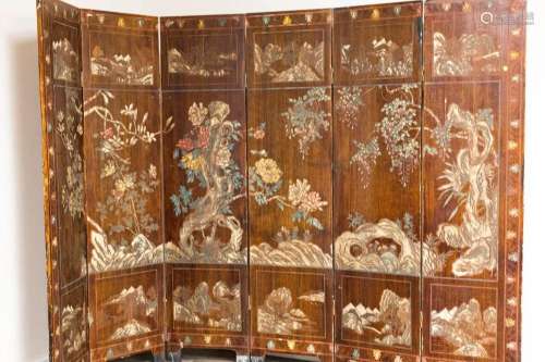 Kangxi Style Brown Lacquer Carved Six Panel Screen