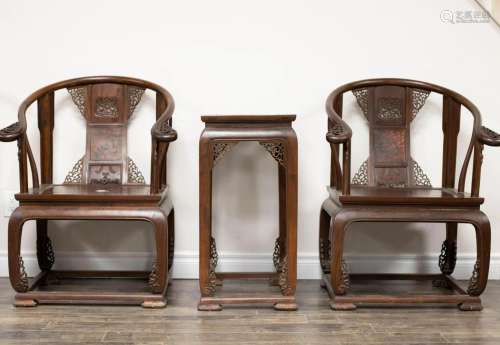 Pair Hongmu Carved Horseshoe Back Armchairs and Side