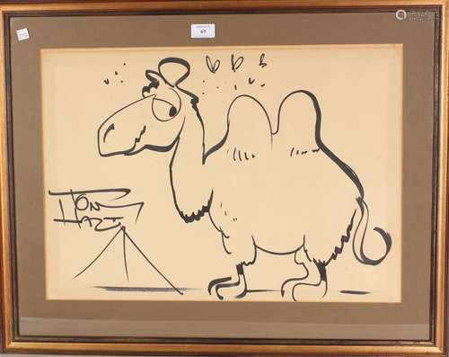 Tony Hart - Camel near a Pyramid, 20th century pen and ink c...