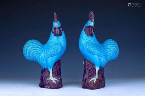 Pair of Export Style Turquoise Porcelain Roosters