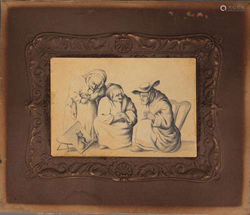 Continental School - Three Figures, one holding a Cat, inspe...