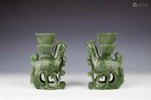 Pair of Spinach Jade Archaistic Phoenix Gu Vase Groups