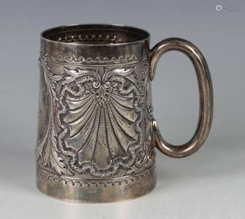 A late Victorian silver christening tankard, the tapering cy...
