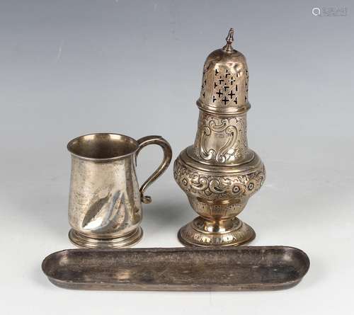 A George IV silver baluster sugar caster with pierced domed ...