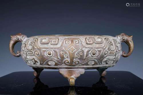 Taotie Archaistic Bronze Narcissus Bowl or Censer