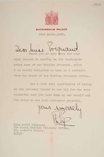 H.R.H. The Duke of Edinburgh, signed typed letter on Bucking...