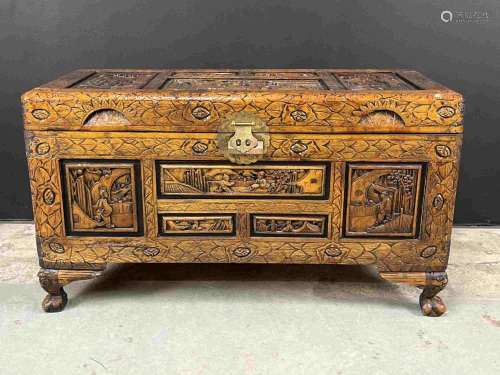 Vintage Chinese Camphor Wood Carved Trunk
