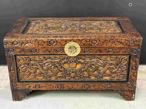 Large Vintage Chinese Camphor Wood Carved Trunk