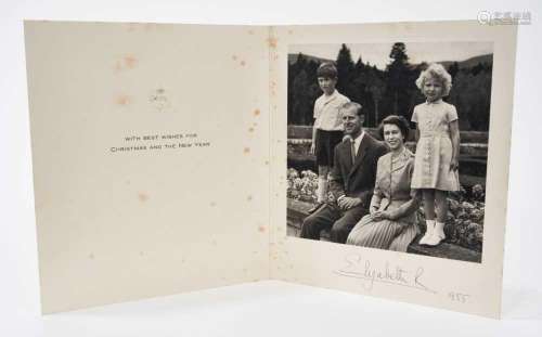 H.M. Queen Elizabeth II signed 1955 Christmas card with gilt...