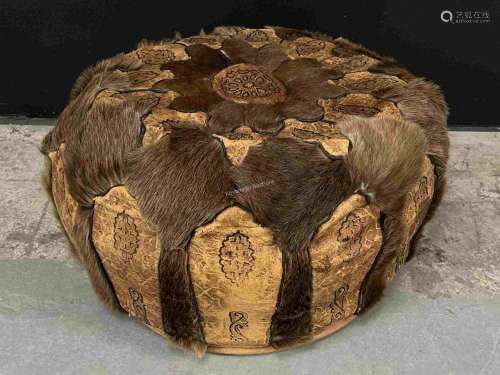 Moroccan Vintage Leather Fur Pouf Footstool