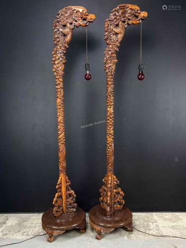 Pair Vintage Chinese Carved Dragon Floor Lamps