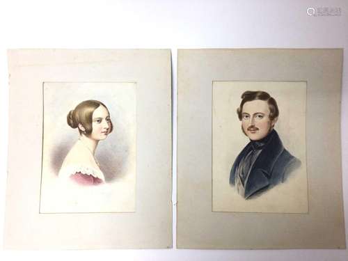 Pair fine Victorian watercolour portraits of H.M. Queen Vict...