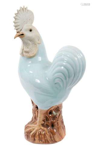 Large Chinese celadon glazed model of a cockerel, with biscu...