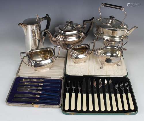 A collection of plated items, including a three-piece tea se...