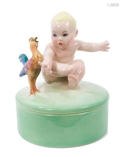 Lenci ceramic figural box in the form of a baby and cockerel