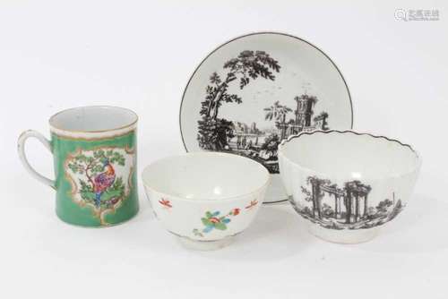 A Worcester black printed saucer, a similar tea bowl, a Worc...