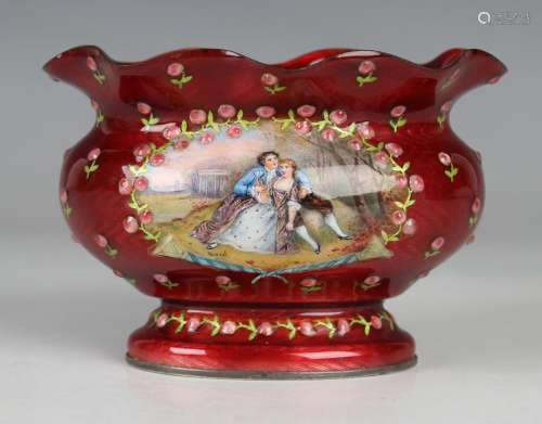 An early 20th century silver mounted Viennese enamel vase of...