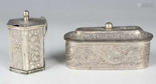 A Chinese silver hexagonal mustard, decorated with Chinese s...