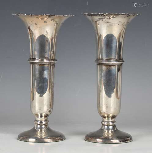 A pair of George V silver spill vases, each flared rim cast ...