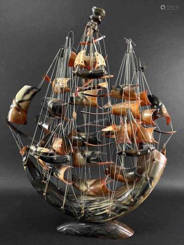 Large Vintage Orange Bull Horn Model Sailing Ship