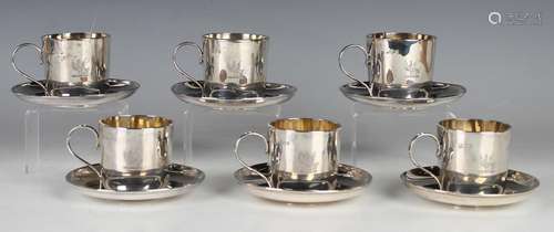 A set of six late Victorian silver cups, each cylindrical bo...