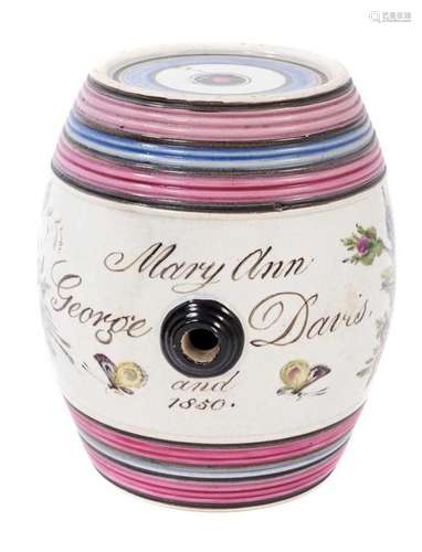 A Bristol pearlware spirit barrel dated 1850