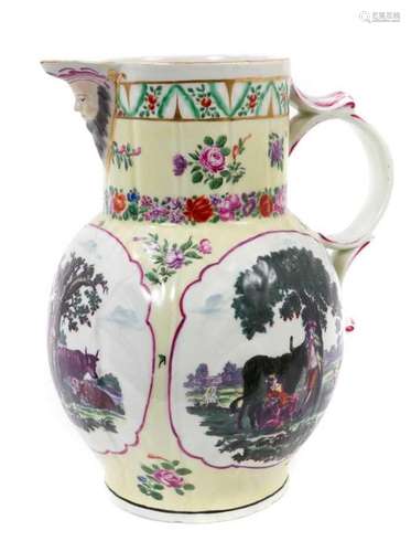 A large Worcester yellow ground cabbage leaf jug, printed in...