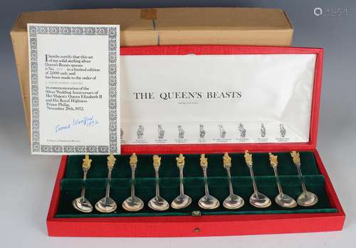 A set of ten silver and parcel gilt Queens Beast spoons, lim...