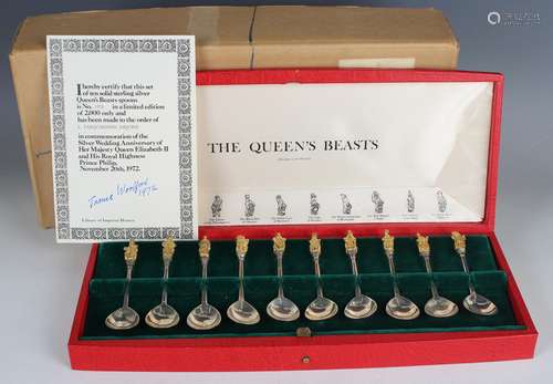 A set of ten silver and parcel gilt Queens Beast spoons, lim...