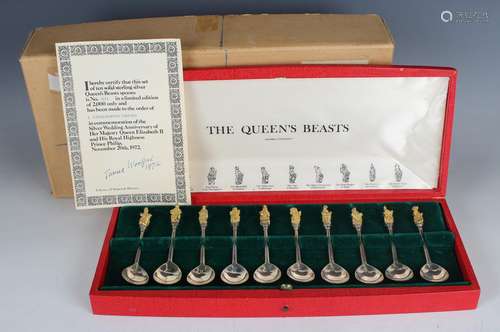 A set of ten silver and parcel gilt Queens Beast spoons, lim...