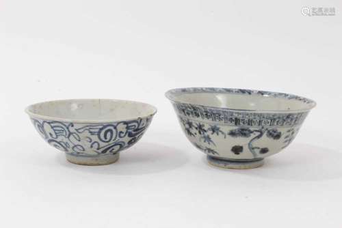 17th century Chinese blue and white bowl decorated with tree...