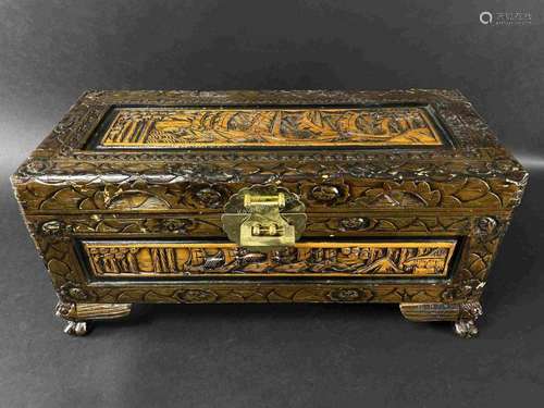 Chinese Vintage Camphor Wood Carved Small Trunk