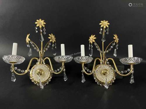 Pair Vintage Gilt Brass Crystal Prisms Sconces