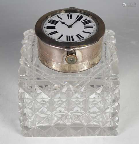 An Edwardian silver and cut glass square inkwell, the silver...