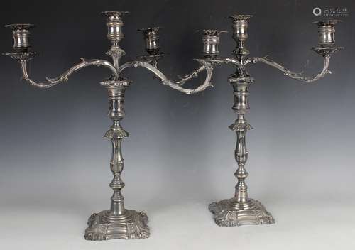 A pair of late Victorian Elkington & Co plated twin-bran...