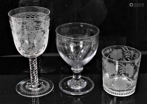 An early 19th century glass rummer, a tumbler and a Victoria...