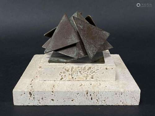 Modernist Bronze Pyramid Sculpture Travertine Base