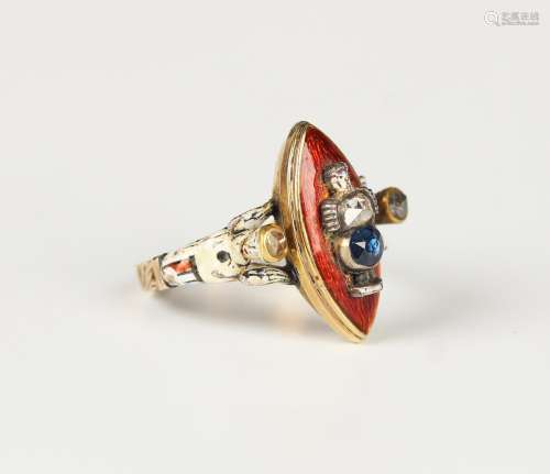 A gold, rose cut diamond, sapphire and enamel locket ring, p...