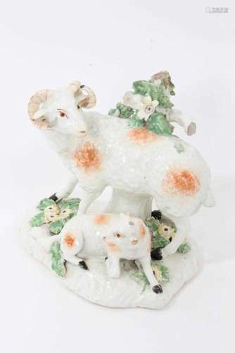 Derby group of a sheep and a lamb, circa 1760, decorated in ...