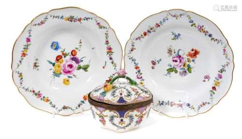 Two Meissen deep dishes, circa 1775, polychrome painted with...
