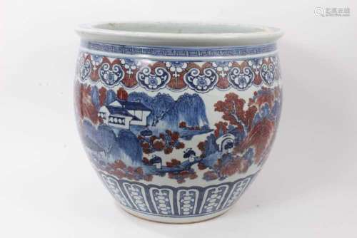 Large Chinese porcelain fish bowl, 20th century, decorated i...