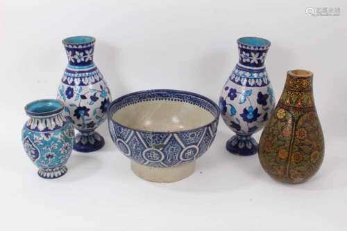 Five pieces of Indian and Moroccan pottery, including a pair...
