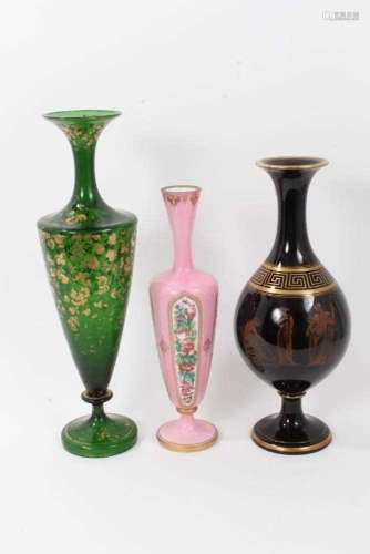 19th century pink glass vase with polychrome decoration toge...