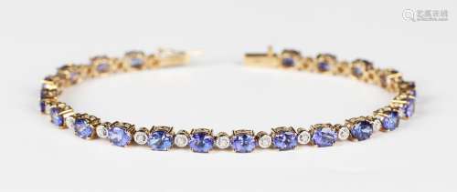 A 9ct gold, diamond and mauve gem set bracelet, mounted with...