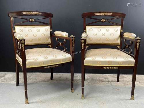 Pair French Empire Style Armchairs, Brass Mounts