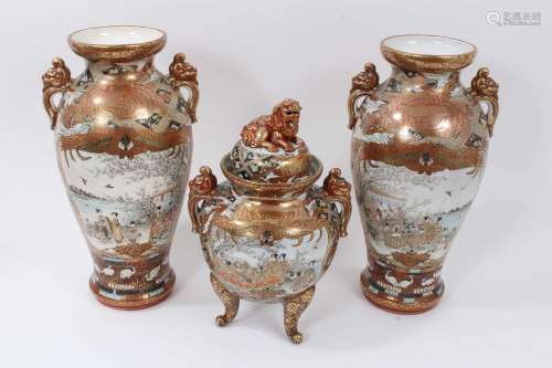 A pair of Japanese vases together with matching censor / kor...