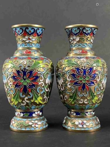 Pair Chinese Cloisonne Gilt Ground Vases
