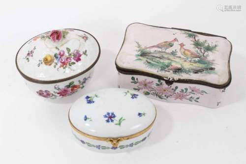 A faience box, painted with birds, a Limoges box and a gilt ...