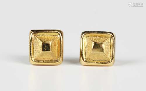 A pair of gold earstuds, each of square pyramid form, detail...